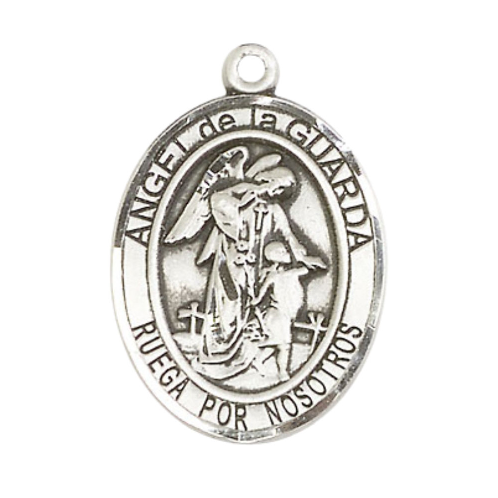 Spanish Script Men's .925 Sterling Silver Angel de la Guarda Medal Pendant on 24 Inch Endless Rhodium Plated Heavy Curb Chain,Catholic Religious Necklace -Made in USA, Deluxe Velvet Gift Box Included