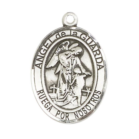 Mens .925 Sterling Silver Angel de la Guarda Medal Pendant on 24 Inch Rhodium Plated Heavy Curb Brass Chain with Lobster Claw clasp, Catholic Religious Necklace - Made in USA- Velvet Gift Box