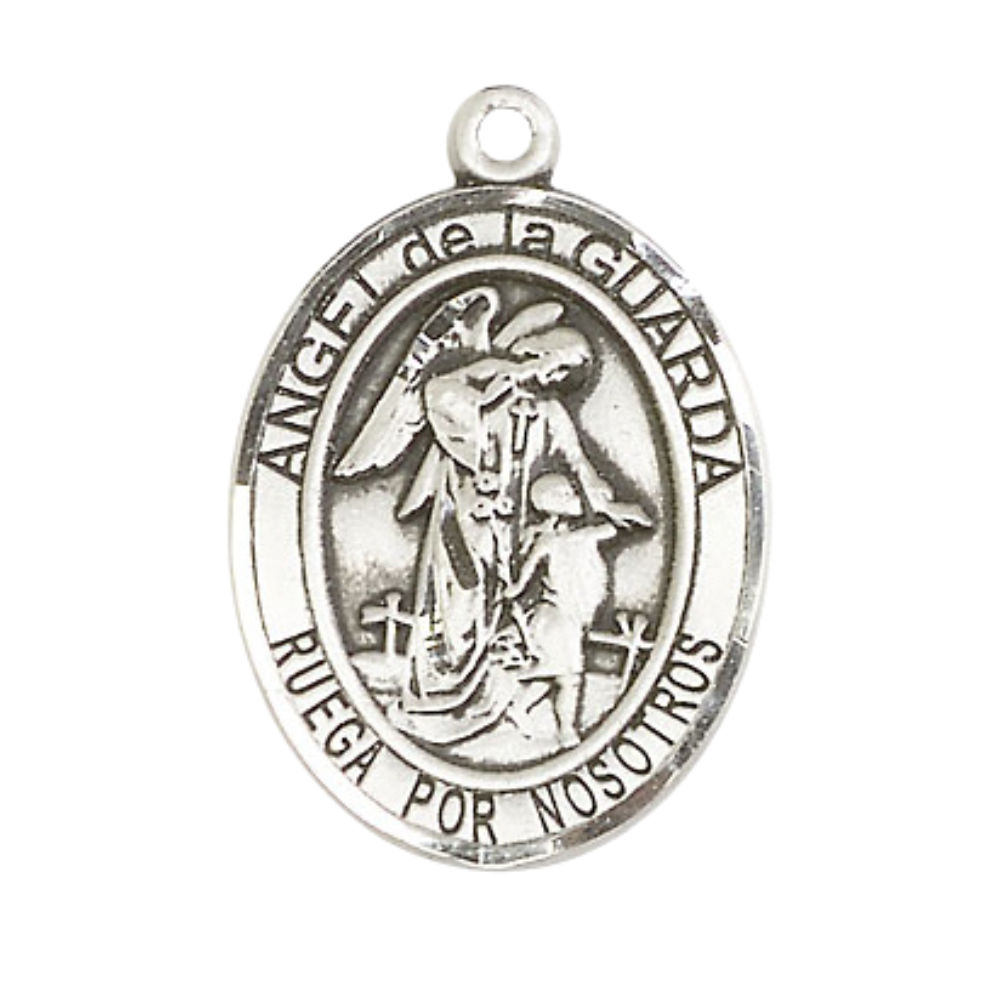 Spanish Script Women's Pewter Angel de la Guarda Medal Pendant on 18 Inch Rhodium Plated Lite Curb Brass Chain, Catholic Religious Necklace with Lobster Claw Clasp - Made in USA, Deluxe Velvet Gift Box.