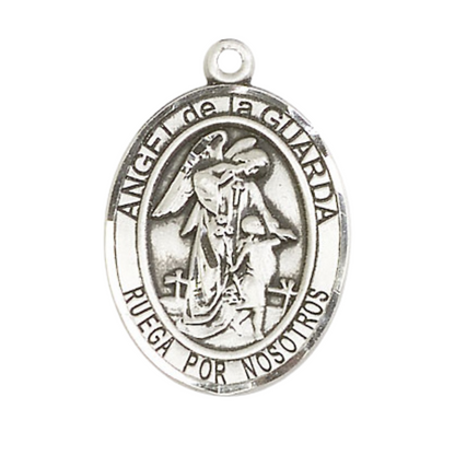 Spanish Script Women's .925 Sterling Silver Angel de la Guarda Medal Pendant on 18 Inch Rhodium Plated Lite Curb Brass Chain, Catholic Religious Necklace with Lobster Claw Clasp - Made in USA, Velvet Gift Box