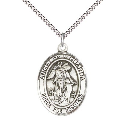 Spanish Script Women's Pewter Angel de la Guarda Medal Pendant on 18 Inch Rhodium Plated Lite Curb Brass Chain, Catholic Religious Necklace with Lobster Claw Clasp - Made in USA, Deluxe Velvet Gift Box.