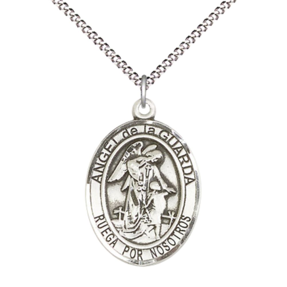 Spanish Script Women's .925 Sterling Silver Angel de la Guarda Medal Pendant on 18 Inch Rhodium Plated Lite Curb Brass Chain, Catholic Religious Necklace with Lobster Claw Clasp - Made in USA, Velvet Gift Box