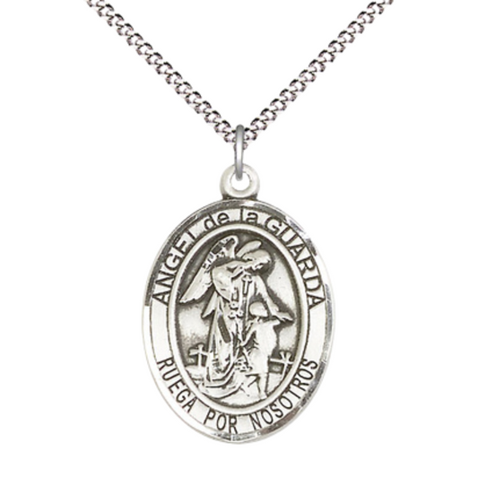 Spanish Script Women's .925 Sterling Silver Angel de la Guarda Medal Pendant on 18 Inch Rhodium Plated Lite Curb Brass Chain, Catholic Religious Necklace with Lobster Claw Clasp - Made in USA, Velvet Gift Box
