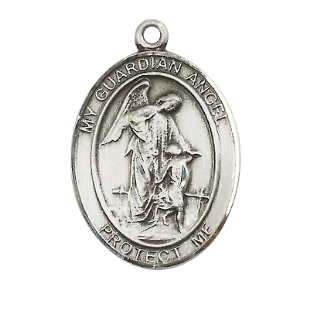 Women's Pewter Guardian Angel w/ Young Large Medal Pendant on 18 Inch Rhodium Plated Lite Curb Brass Chain with Lobster Claw Clasp, Catholic Religious Necklace - Made in USA- Deluxe Velvet Gift Box