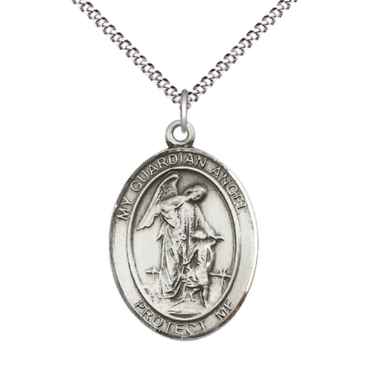 Women's .925 Sterling Silver Guardian Angel Medal Pendant on 18 Inch Rhodium Plated Lite Curb Brass Chain w/ Lobster Claw Clasp, Catholic Religious Necklace - Made in USA- Deluxe Velvet Gift Box