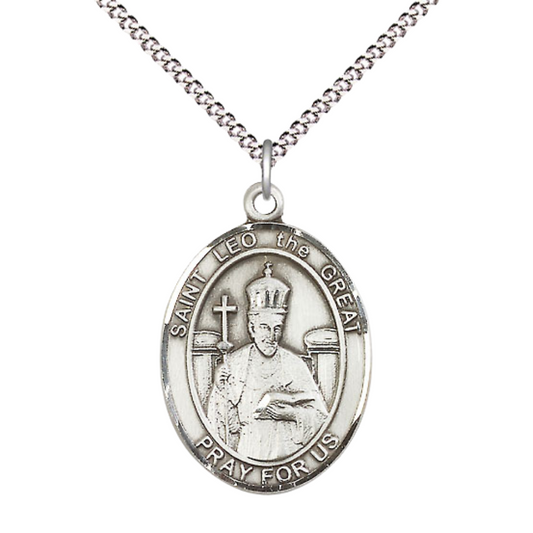 Everlasting Light Jewelry Women's Pewter Patron Saint St. Leo the Great Medal Pendant with 18 Inch Rhodium Plated Lite Curb Brass Chain Catholic Religious Necklace - Made in USA, Deluxe Velvet Gift Box