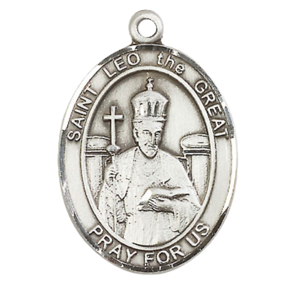 Women's .925 Sterling Silver Patron Saint St. Leo the Great Medal Pendant with 18 Inch Rhodium Plated Lite Curb Brass Chain Catholic Religious Necklace - Made in USA, Deluxe Velvet Gift Box
