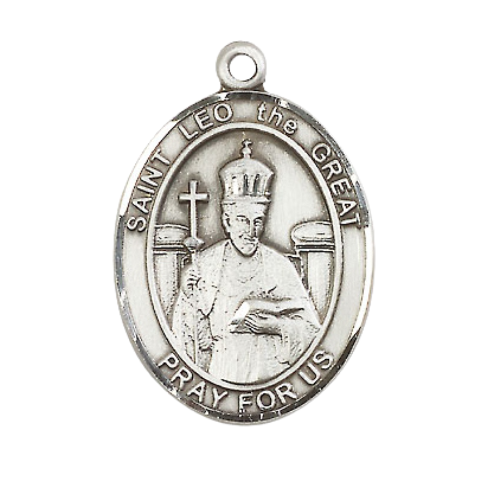 Mens 1 x 3/4" Oval Pewter Saint St. Leo the Great Medal Pendant on 24 Inch Rhodium Plated Heavy Curb Brass Chain with Lobster Claw clasp, Catholic Religious Necklace - Made in USA - Velvet Gift Box