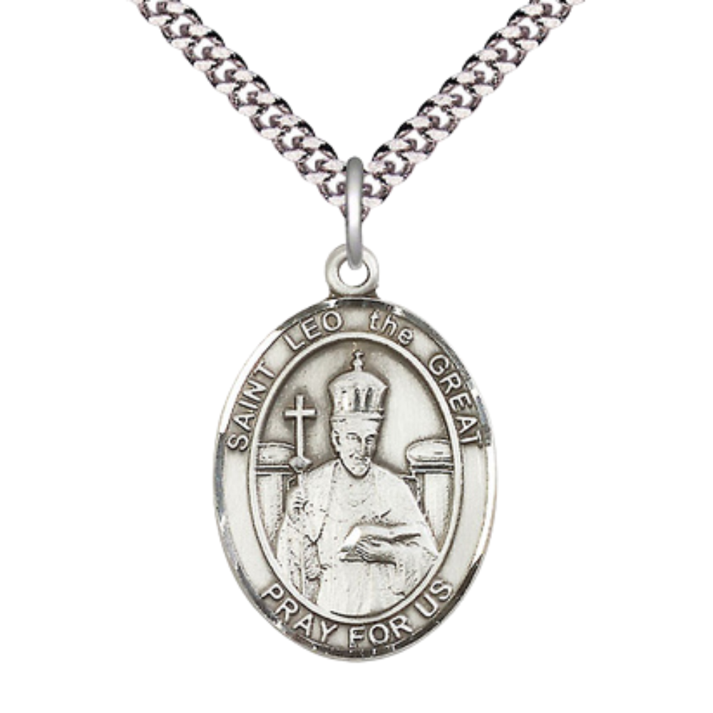 Mens 1 x 3/4" Oval Pewter Saint St. Leo the Great Medal Pendant on 24 Inch Rhodium Plated Heavy Curb Brass Chain with Lobster Claw clasp, Catholic Religious Necklace - Made in USA - Velvet Gift Box