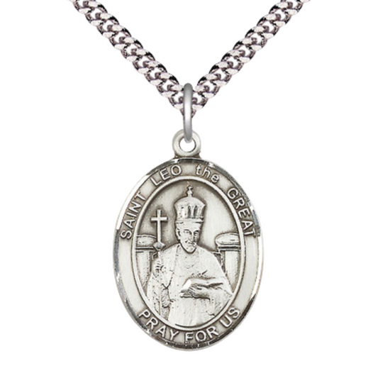 Mens 1 x 3/4" Oval Pewter Saint St. Leo the Great Medal Pendant on 24 Inch Rhodium Plated Heavy Curb Brass Chain with Lobster Claw clasp, Catholic Religious Necklace - Made in USA - Velvet Gift Box