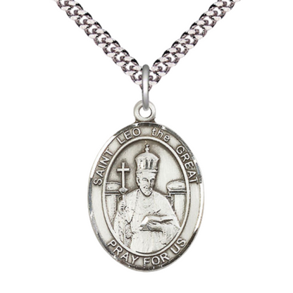 Saint St. Leo the Great Medal Necklace– Men's Pewter Pendant on 24 Inch Light Endless Rhodium Plated Chain – Catholic Patron Saint St. of Speakers – Velvet Gift Box Included