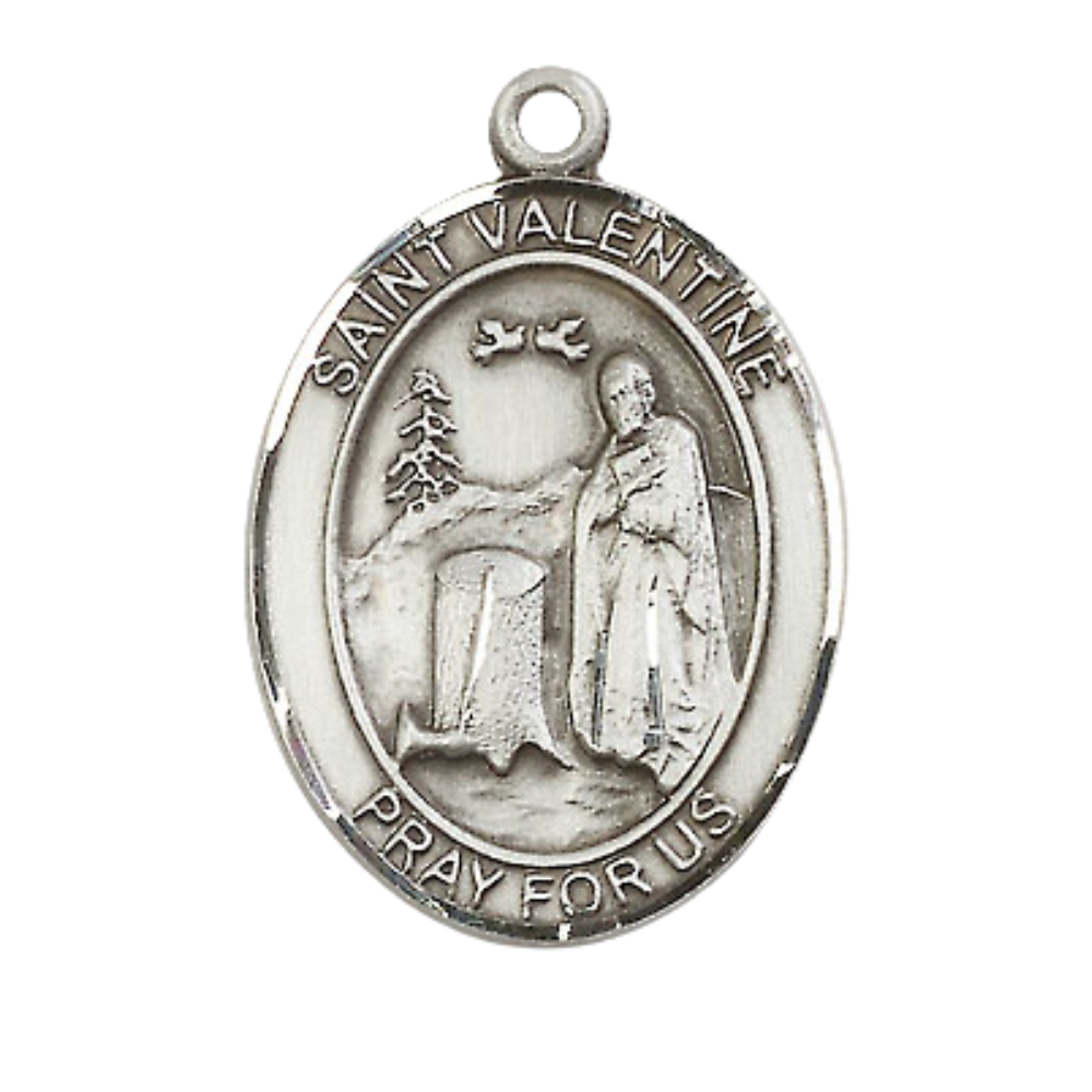 Women's Pewter Saint St. Valentine of Rome Medal Pendant on 18 Inch Rhodium Plated Lite Curb Brass Chain w/ Lobster Claw Clasp, Catholic Religious Necklace - Made in USA- Deluxe Velvet Gift Box