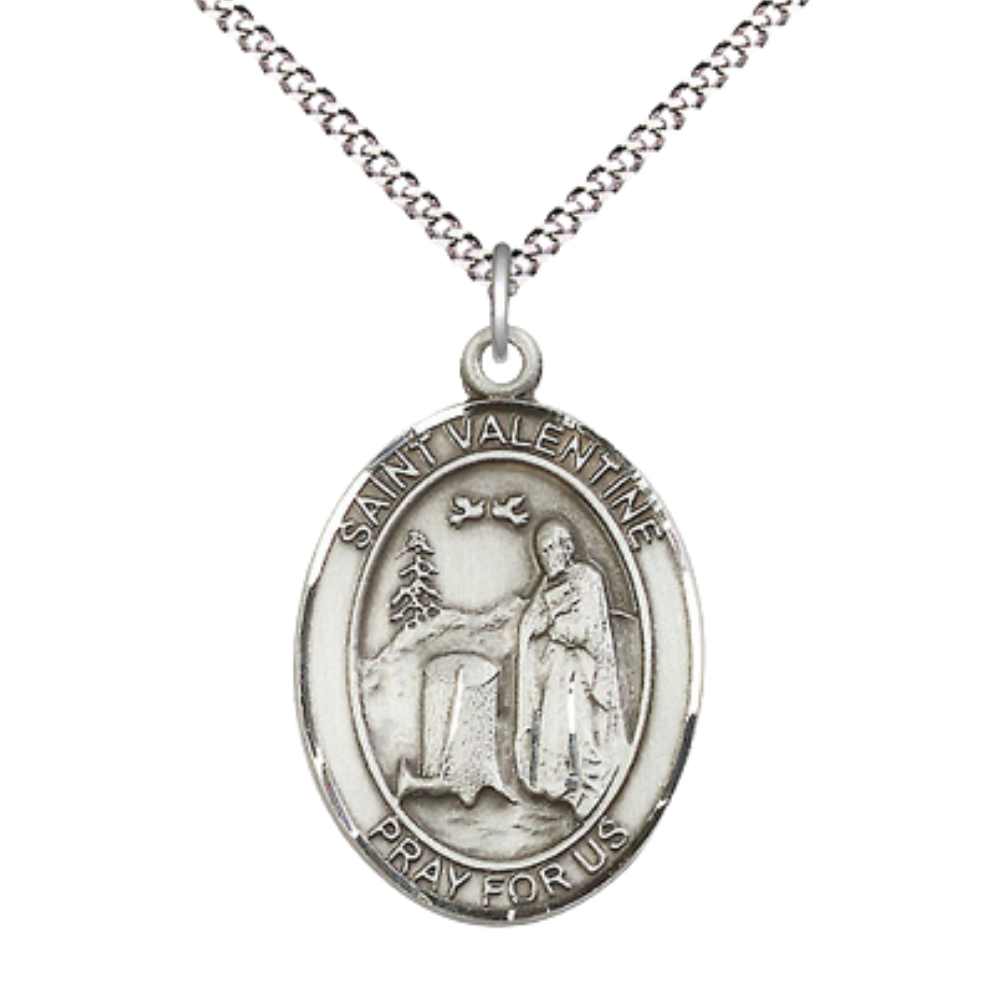 Women's Pewter Saint St. Valentine of Rome Medal Pendant on 18 Inch Rhodium Plated Lite Curb Brass Chain w/ Lobster Claw Clasp, Catholic Religious Necklace - Made in USA- Deluxe Velvet Gift Box