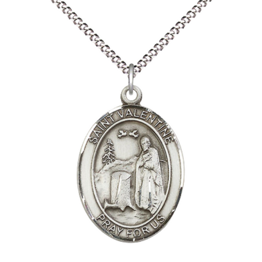 Women's Pewter Saint St. Valentine of Rome Medal Pendant on 18 Inch Rhodium Plated Lite Curb Brass Chain w/ Lobster Claw Clasp, Catholic Religious Necklace - Made in USA- Deluxe Velvet Gift Box