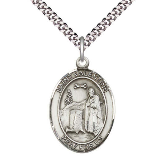 Saint St. Valentine of Rome Medal Necklace– Men's Pewter Pendant on 24 Inch Light Endless Rhodium Plated Chain – Catholic Patron Saint St. of Love – Velvet Gift Box Included