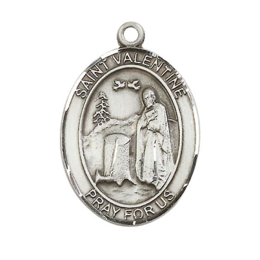 Mens .925 Sterling Silver Saint St. Valentine of Rome Medal Pendant on 24 Inch Rhodium Plated Heavy Curb Brass Chain with Lobster Claw clasp, Catholic Religious Necklace - Made in USA- Velvet Gift Box
