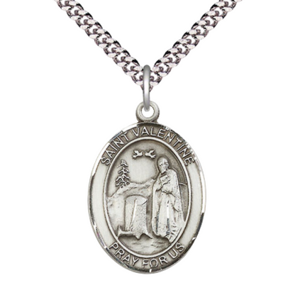 Saint St. Valentine of Rome Medal Necklace– Men's .925 Sterling Silver Pendant on 24 Inch Light Rhodium Plated Heavy Curb Chain – Catholic Patron Saint St. of Love – Velvet Gift Box Included