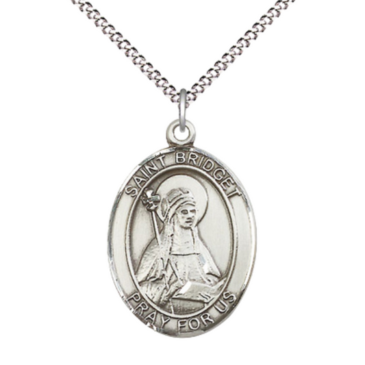 Women's .925 Sterling Silver Saint St. Bridget of Sweden Medal Pendant on 18 Inch Rhodium Plated Lite Curb Brass Chain w/Lobster Claw Clasp, Catholic Religious Necklace - Made in USA- Deluxe Velvet Gift Box