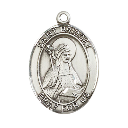 Mens .925 Sterling Silver Saint St. Bridget of Sweden Medal Pendant on 24 Inch Rhodium Plated Heavy Curb Brass Chain with Lobster Claw clasp, Catholic Religious Necklace - Made in USA- Velvet Gift Box