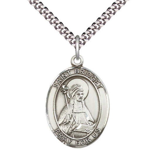 Saint St. Bridget of Sweden Men's Medal Necklace – 24 Inch Endless Light Rhodium Plated Heavy Curb Chain – Patron Saint St. of Widows & Sweden – Elegant Catholic Religious Jewelry in Velvet Gift Box
