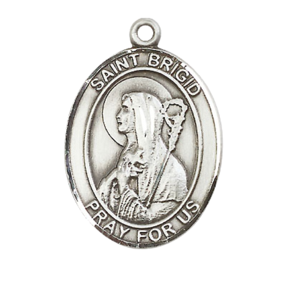 Women's Pewter Saint St. Brigid of Ireland Medal Pendant on 18 Inch Rhodium Plated Lite Curb Brass Chain w/ Lobster Claw Clasp, Catholic Religious Necklace - Made in USA- Deluxe Velvet Gift Box