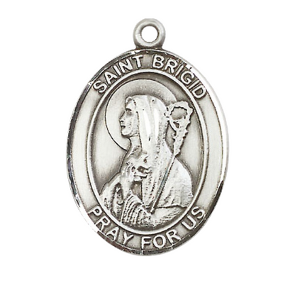 Women's Pewter Saint St. Brigid of Ireland Medal Pendant on 18 Inch Rhodium Plated Lite Curb Brass Chain w/ Lobster Claw Clasp, Catholic Religious Necklace - Made in USA- Deluxe Velvet Gift Box