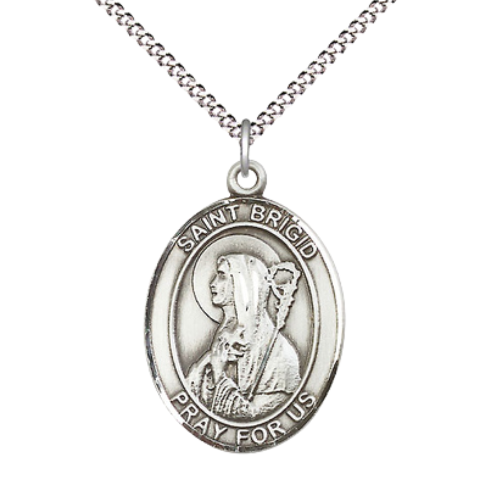 Women's Pewter Saint St. Brigid of Ireland Medal Pendant on 18 Inch Rhodium Plated Lite Curb Brass Chain w/ Lobster Claw Clasp, Catholic Religious Necklace - Made in USA- Deluxe Velvet Gift Box