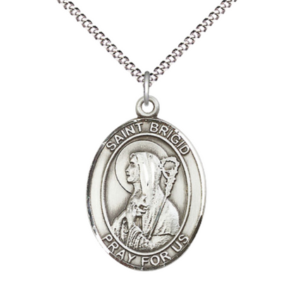 Women's Pewter Saint St. Brigid of Ireland Medal Pendant on 18 Inch Rhodium Plated Lite Curb Brass Chain w/ Lobster Claw Clasp, Catholic Religious Necklace - Made in USA- Deluxe Velvet Gift Box