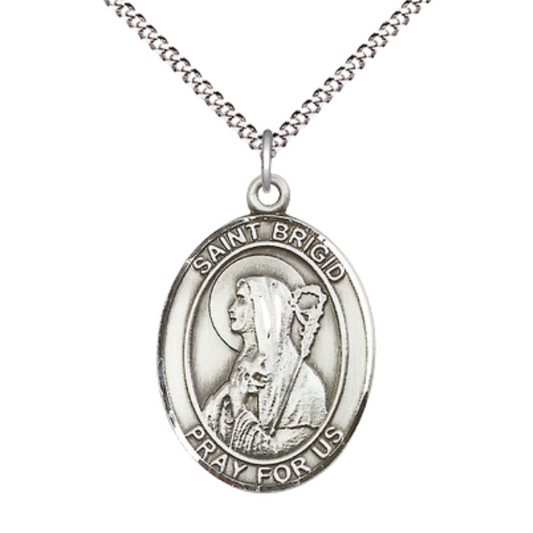 Women's Pewter Saint St. Brigid of Ireland Medal Pendant on 18 Inch Rhodium Plated Lite Curb Brass Chain w/ Lobster Claw Clasp, Catholic Religious Necklace - Made in USA- Deluxe Velvet Gift Box