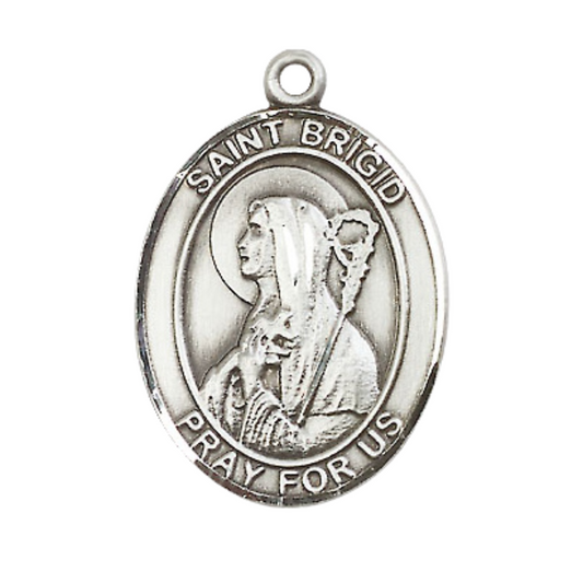 Mens Sterling Silver Saint Brigid of Ireland Medal Pendant on 24" Rhodium Plated Heavy Curb Brass Chain with Lobster Claw clasp, Catholic Religious Necklace -Made in USA- Velvet Gift Box