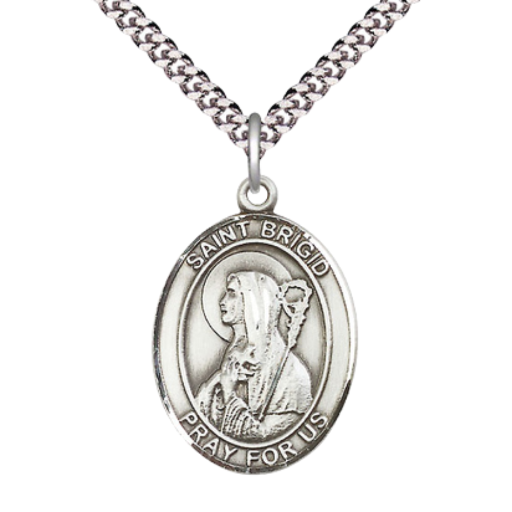 Mens Oval Pewter Saint St. Brigid of Ireland Medal Pendant on 24 Inch Rhodium Plated Heavy Curb Brass Chain with Lobster Claw clasp, Catholic Religious Necklace - Made in USA- Deluxe Velvet Gift Box