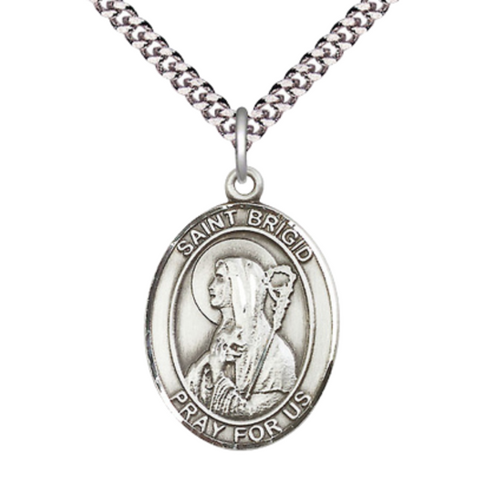 Saint St. Brigid of Ireland Medal Necklace– Men's .925 Sterling Silver Pendant on 24 Inch Light Rhodium Plated Heavy Curb Chain – Catholic Patron Saint St. of Young & Ireland – Velvet Gift Box Included