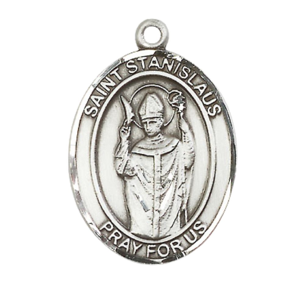Women's Pewter Saint St. anislaus Medal Pendant on 18 Inch Rhodium Plated Lite Curb Brass Chain w/Lobster Claw Clasp, Catholic Religious Necklace - Made in USA- Deluxe Velvet Gift Box