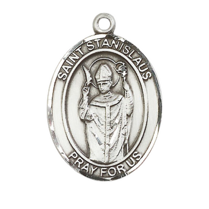 Women's Pewter Saint St. anislaus Medal Pendant on 18 Inch Rhodium Plated Lite Curb Brass Chain w/Lobster Claw Clasp, Catholic Religious Necklace - Made in USA- Deluxe Velvet Gift Box