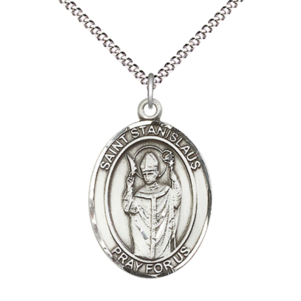 Women's .925 Sterling Silver Saint St. anislaus Medal Pendant on 18 Inch Rhodium Plated Lite Curb Brass Chain w/ Lobster Claw Clasp, Catholic Religious Necklace - Made in USA- Deluxe Velvet Gift Box