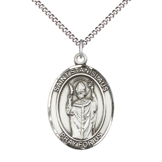 Women's .925 Sterling Silver Saint St. anislaus Medal Pendant on 18 Inch Rhodium Plated Lite Curb Brass Chain w/ Lobster Claw Clasp, Catholic Religious Necklace - Made in USA- Deluxe Velvet Gift Box