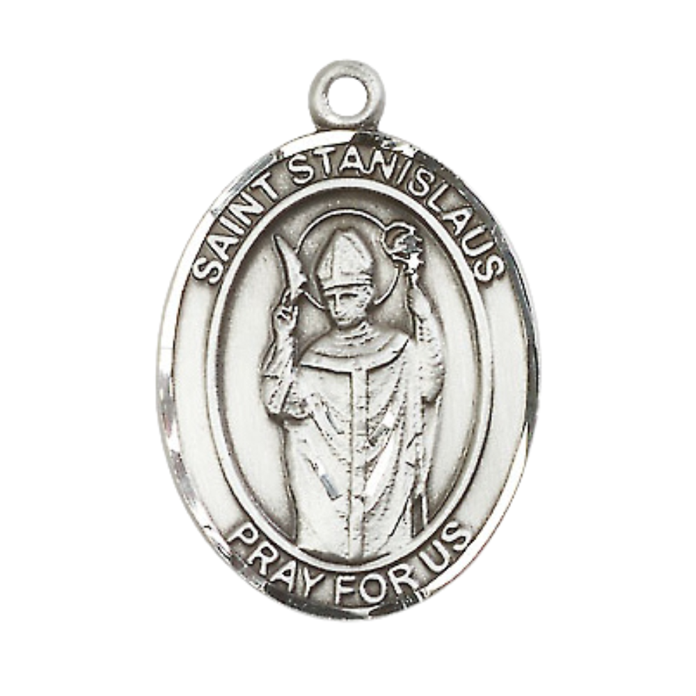 Mens .925 Sterling Silver Saint St. anislaus Medal Pendant on 24 Inch Rhodium Plated Heavy Curb Brass Chain with Lobster Claw clasp, Catholic Religious Necklace - Made in USA- Velvet Gift Box