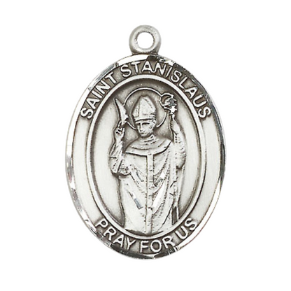 Mens 1 x 3/4" Oval Pewter Saint St. anislaus Medal Pendant on 24 Inch Rhodium Plated Heavy Curb Brass Chain with Lobster Claw clasp, Catholic Religious Necklace - Made in USA - Velvet Gift Box