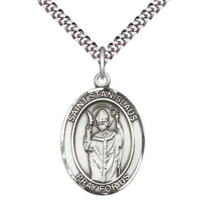 Saint St.anislaus Medal Necklace – 24" Endless Light Endless Rhodium Plated Chain – Patron Saint St.of Broken Bones – Elegant Religious Jewelry in Velvet Gift Box