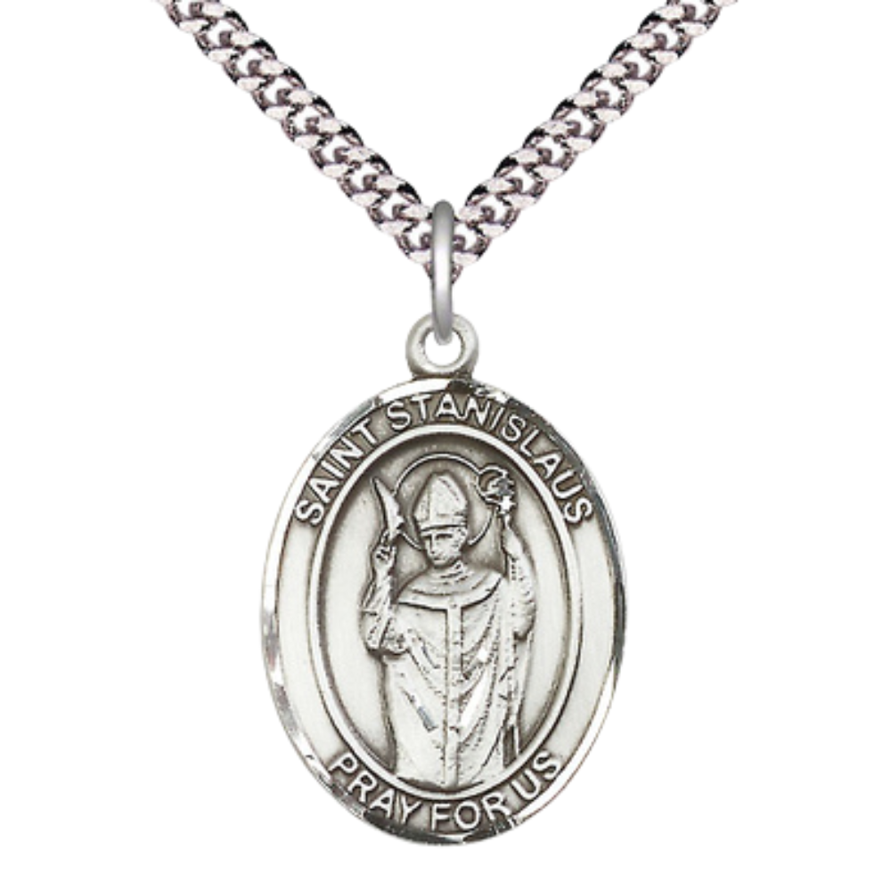 Mens 1 x 3/4" Oval Pewter Saint St. anislaus Medal Pendant on 24 Inch Rhodium Plated Heavy Curb Brass Chain with Lobster Claw clasp, Catholic Religious Necklace - Made in USA - Velvet Gift Box