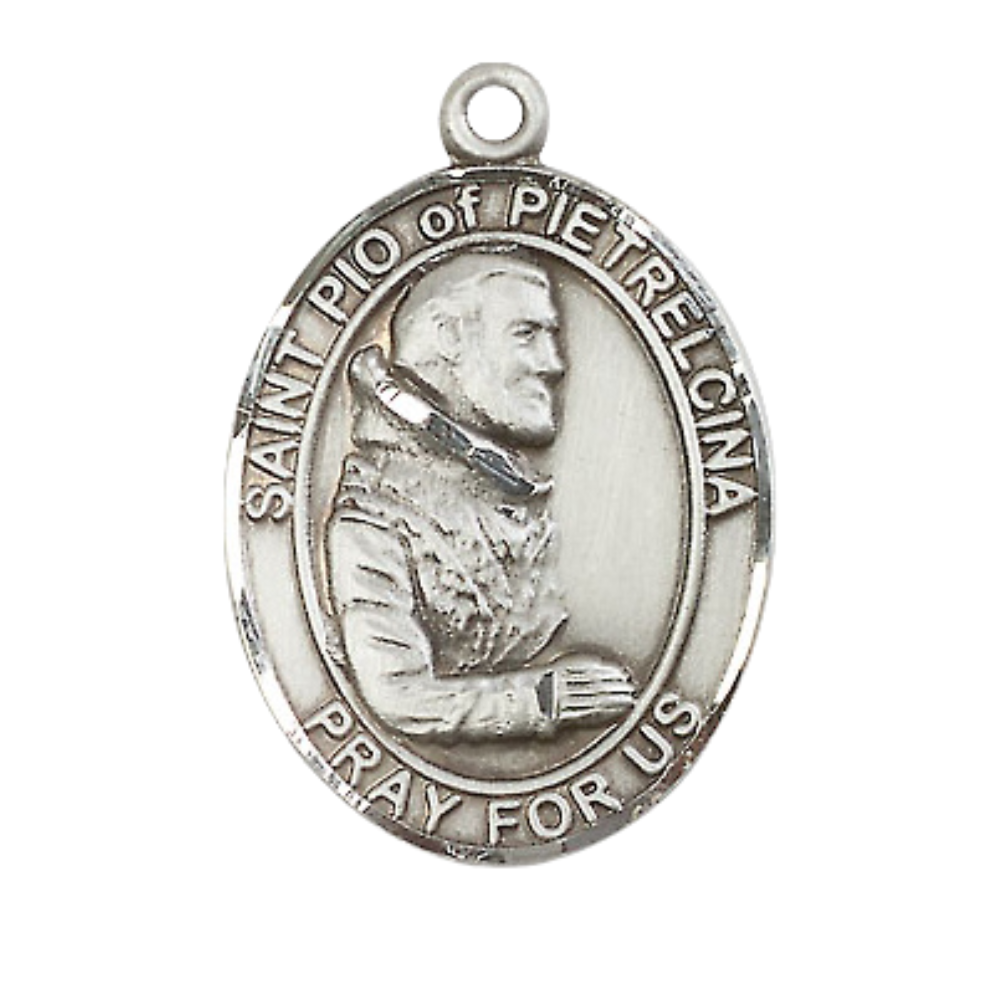 Women's .925 Sterling Silver Saint St. Pio of Pietrelcina Medal Pendant on 18 Inch Rhodium Plated Lite Curb Brass Chain w/ Lobster Claw Clasp, Catholic Religious Necklace - Made in USA- Deluxe Velvet Gift Box