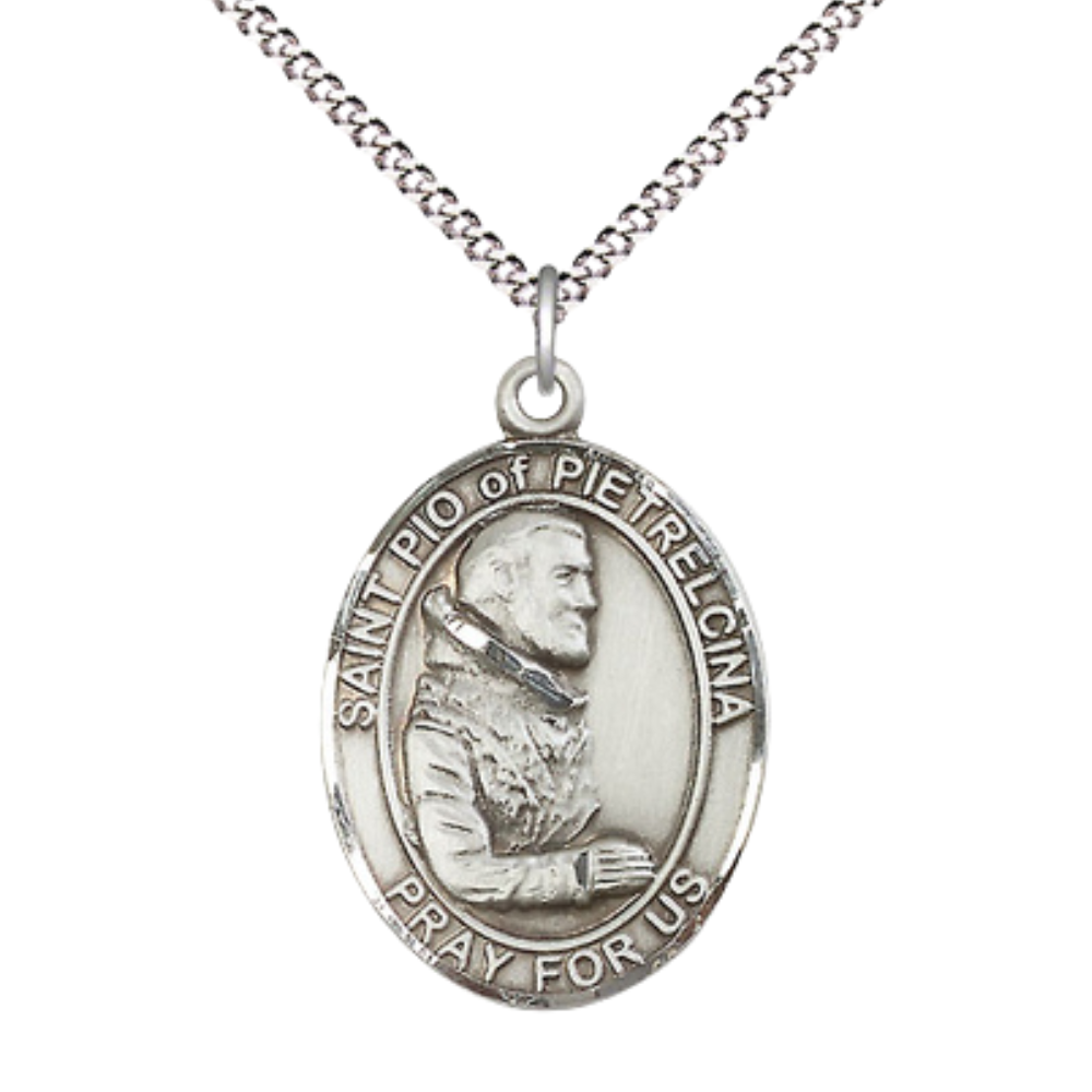 Women's .925 Sterling Silver Saint St. Pio of Pietrelcina Medal Pendant on 18 Inch Rhodium Plated Lite Curb Brass Chain w/ Lobster Claw Clasp, Catholic Religious Necklace - Made in USA- Deluxe Velvet Gift Box