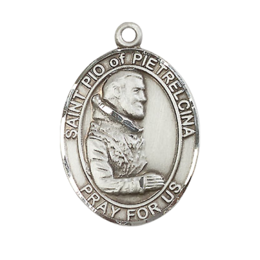 Saint Pio of Pietrelcina Medal Necklace– Men's Sterling Silver Pendant on 24” Light Rhodium Plated Heavy Curb Chain – Catholic Devotional Jewelry – Velvet Gift Box Included