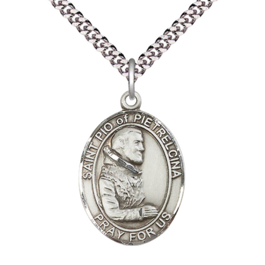 Saint Pio of Pietrelcina Medal Necklace– Men's Sterling Silver Pendant on 24” Light Rhodium Plated Heavy Curb Chain – Catholic Devotional Jewelry – Velvet Gift Box Included