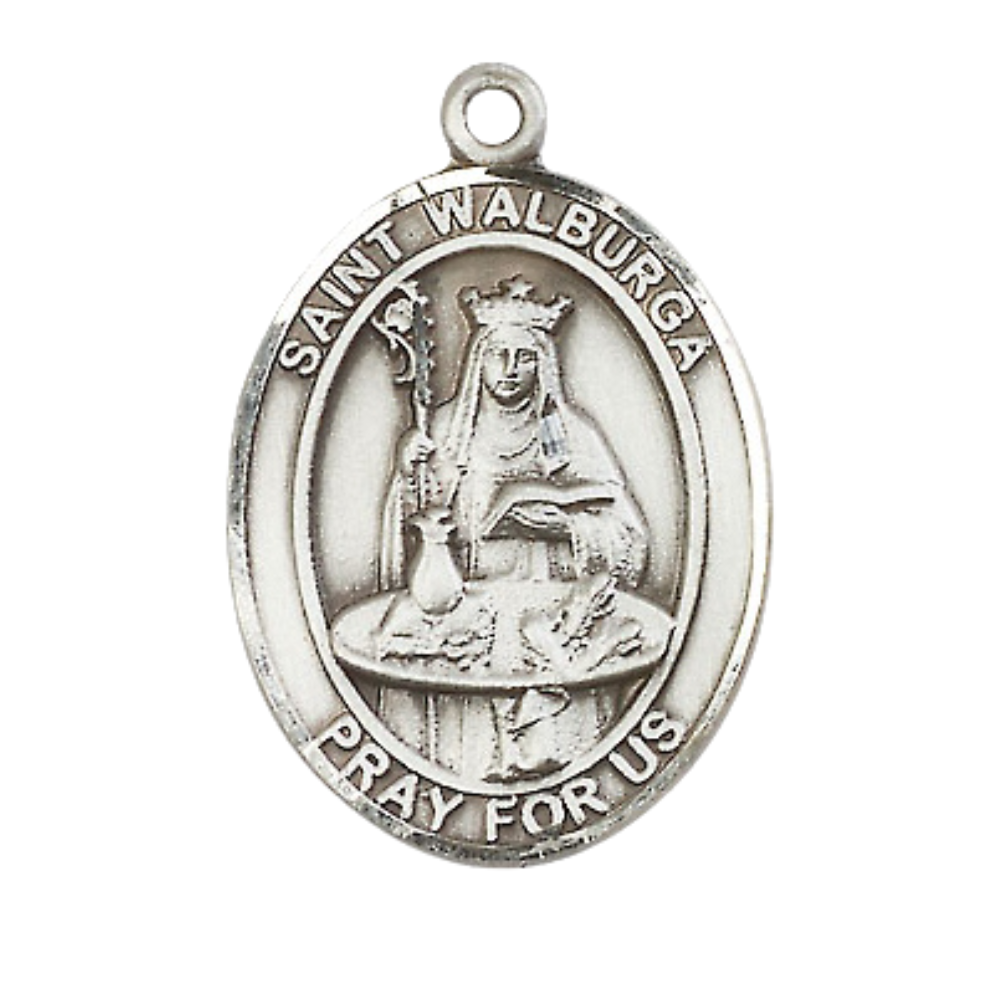 Women's Pewter Saint St. Walburga Medal Pendant on 18 Inch Rhodium Plated Lite Curb Brass Chain w/Lobster Claw Clasp, Catholic Religious Necklace - Made in USA- Deluxe Velvet Gift Box
