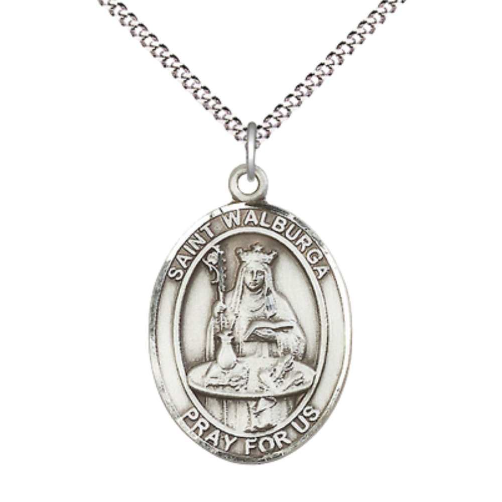 Women's Pewter Saint St. Walburga Medal Pendant on 18 Inch Rhodium Plated Lite Curb Brass Chain w/Lobster Claw Clasp, Catholic Religious Necklace - Made in USA- Deluxe Velvet Gift Box