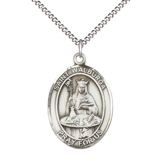 Women's .925 Sterling Silver Saint St. Walburga Medal Pendant on 18 Inch Rhodium Plated Lite Curb Brass Chain w/ Lobster Claw Clasp, Catholic Religious Necklace - Made in USA- Deluxe Velvet Gift Box