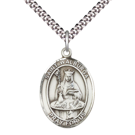 Mens 1 x 3/4" Oval Pewter Saint St. Walburga Medal Pendant on 24 Inch Rhodium Plated Heavy Curb Brass Chain with Lobster Claw clasp, Catholic Religious Necklace - Made in USA - Deluxe Velvet Gift Box