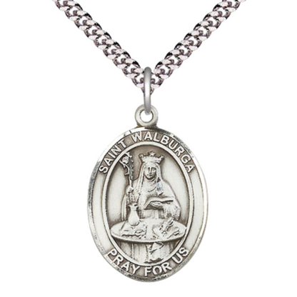 Saint St. Walburga Medal Necklace – 24 Inch Endless Light Endless Rhodium Plated Chain – Patron Saint St. of Coughs & Storms – Elegant Catholic Religious Jewelry in Velvet Gift Box