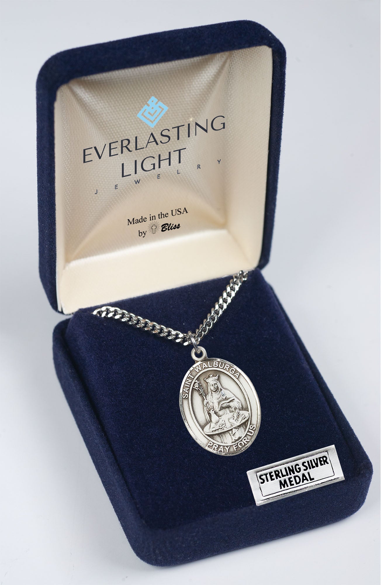 .925 Sterling Silver Blessed Caroline Gerhardinger Medal Pendant on 24 Inch Rhodium Plated Heavy Curb Brass Chain w/ Lobster Claw clasp, Catholic Religious Necklace - Made in USA- Velvet Gift Box